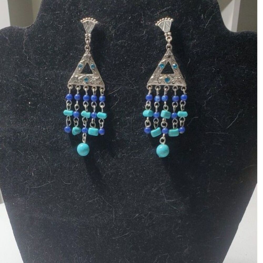 Stud Earrings Light and Dark Blue Beads on Silver Colored Triangles